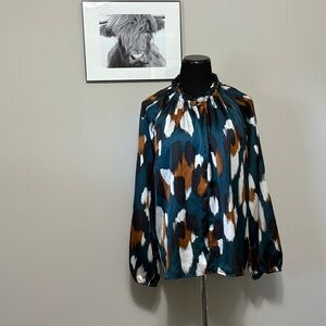 Ann Taylor XXL Teal and Brown Blouse Artsy Abstract Casual Party Vibrant